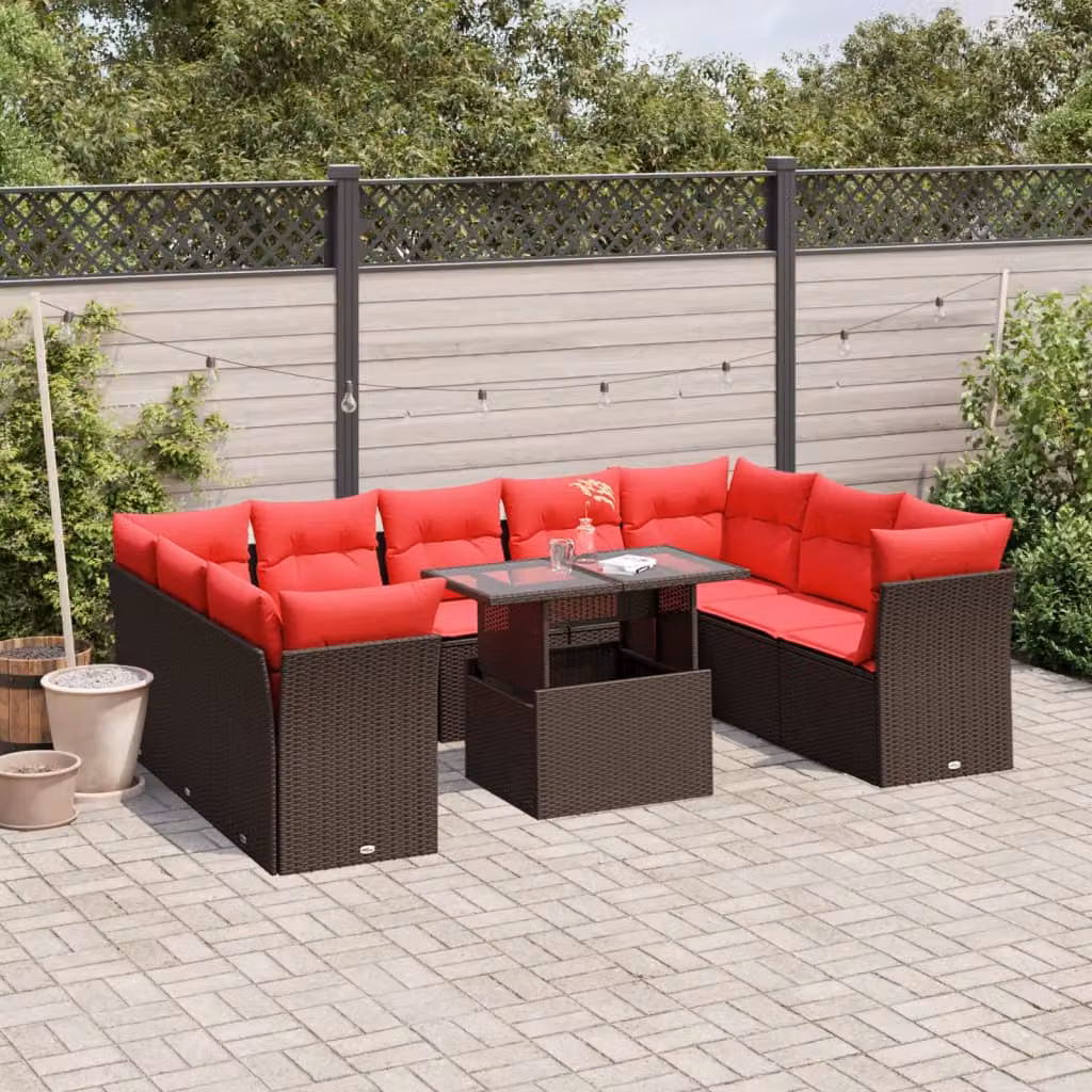 Set di divani da giardino vidaXL 10 pezzi con cuscini e tavolino da esterno marrone e rosso in rattan e metallo con struttura a forma di U