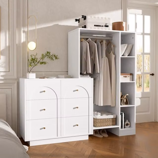 Armadio guardaroba multifunzione con 6 cassetti e vano appenderia 139x35x133 cm truciolare bianco