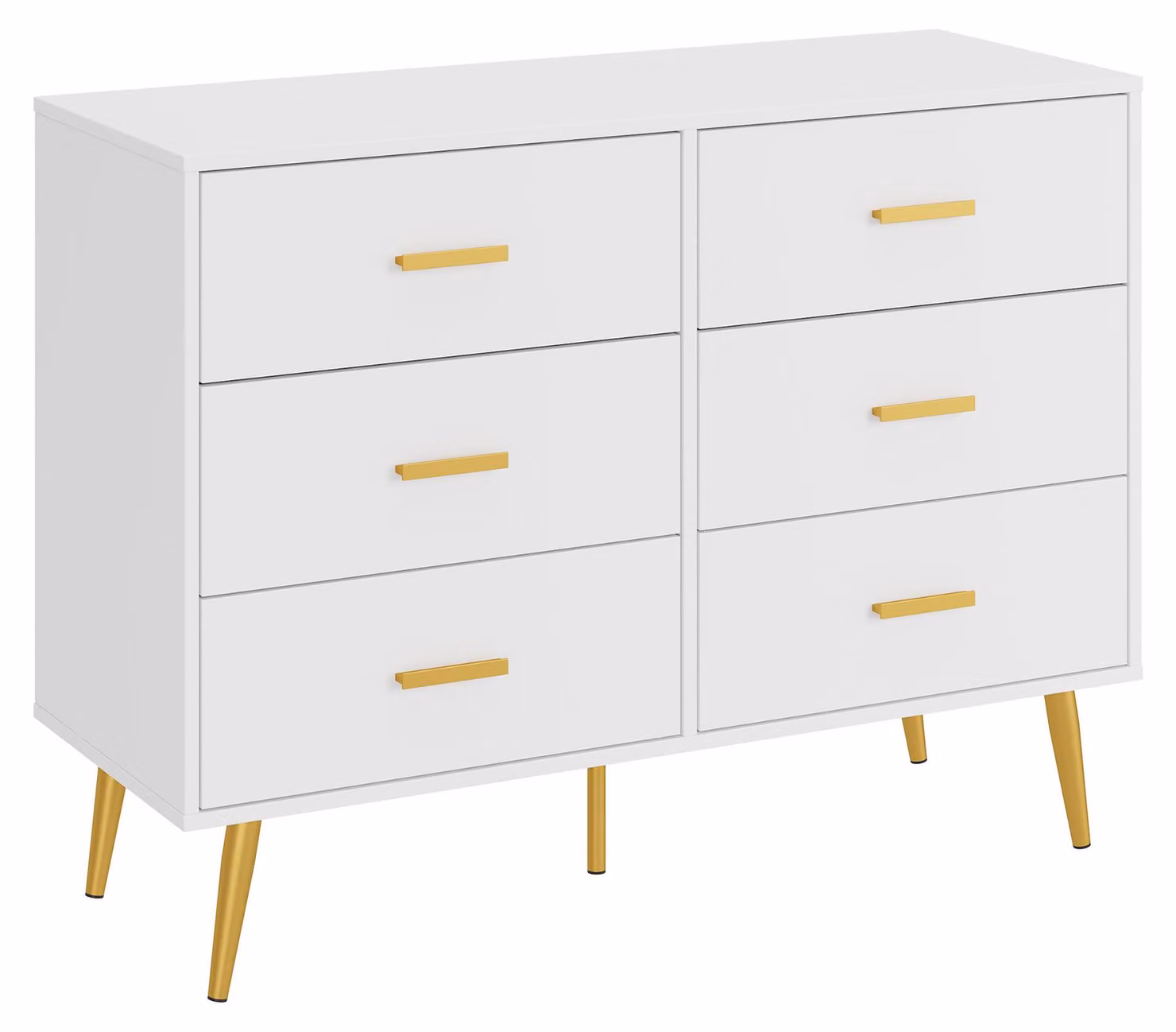 Comodino moderno con 6 cassetti, maniglie dorate e gambe – Comodino ampio per camera da letto e soggiorno (bianco)