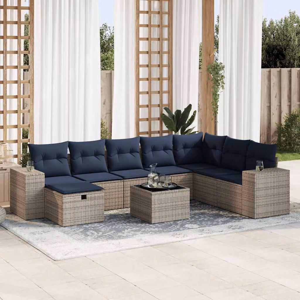Set Divano da Giardino vidaXL 9 pz a Forma a L con Cuscini Grigio e Blu in Polyrattan e Acciaio