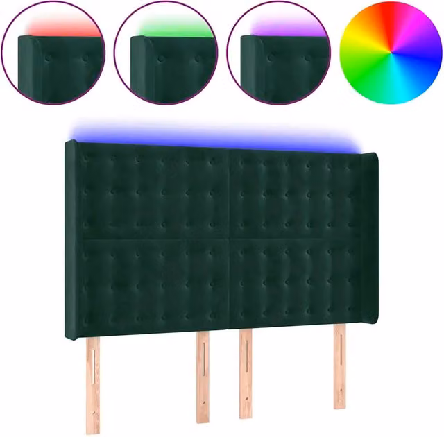 Testata del letto in velluto verde scuro con illuminazione LED integrata e porta di ricarica USB, L: 147 cm, P: 16 cm, H: 118/128 cm