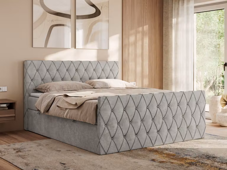 Letto boxspring MKS MEBLE 180x200 con contenitore, letto 180x200 con materasso H4, letto boxspring 180x200 con topper - Miren Duo - Grigio chiaro Strukture - H4