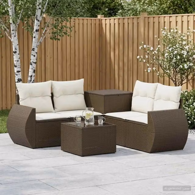 Set di mobili da giardino vidaXL in polyrattan marrone e bianco con divano a L, elementi angolari, divano a 2 posti, tavolino da caffè e cuscini inclusi
