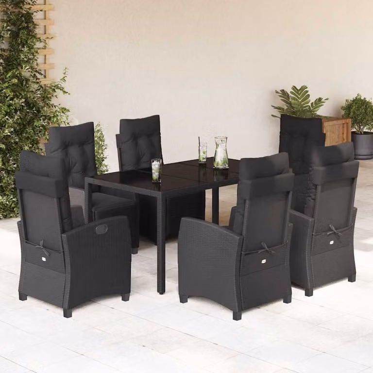 Set da Pranzo da Giardino vidaXL 7 pz in Polyrattan Nero con Piano in Vetro