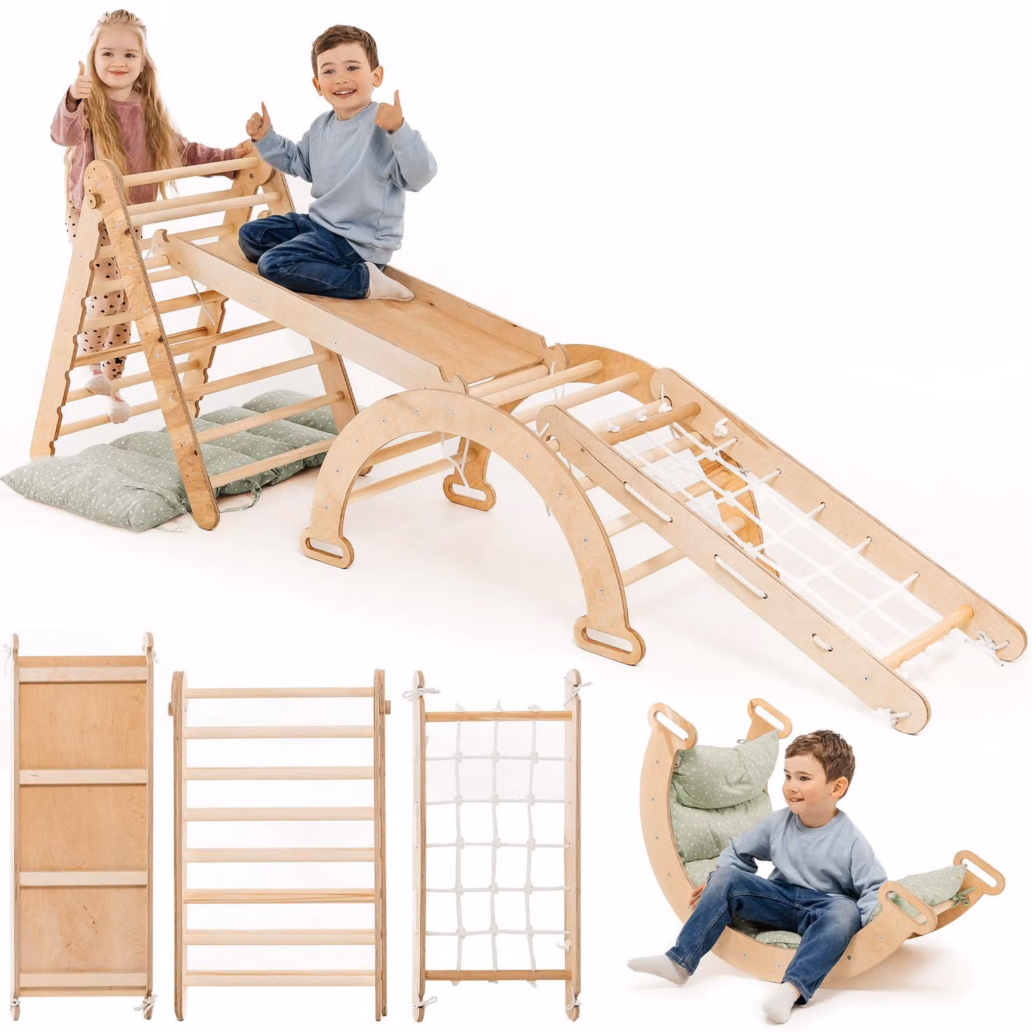 Struttura per arrampicata Montessori 5 in 1 per bambini piccoli - Scala triangolare, arco e rampa per arrampicata, rete, cuscino, per bambini da 1 a 5 anni (cuscino verde)