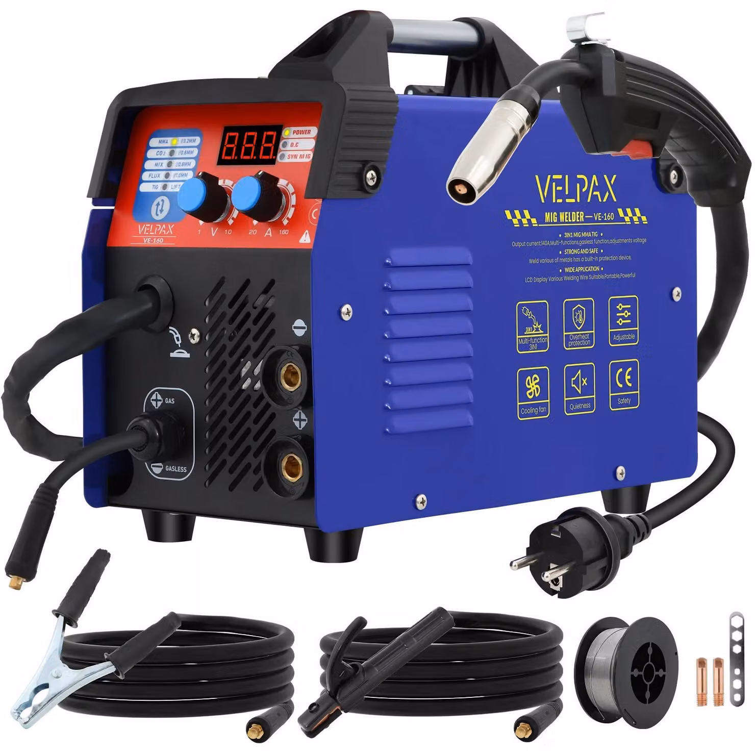 Saldatrice MIG 3-in-1 - VE-160 - 160A - MIG/MAG, MMA, Lift TIG - Adatta per filo animato con o senza gas - 230V, spina EU - Portatile - Display digitale