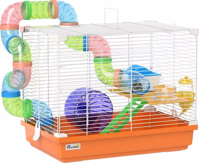 PawHut Gabbia per Criceti a 2 Livelli con Serbatoio per Acqua, Vassoio Rimovibile, Tunnel e Ruota per Criceti, Arancione   Aosom Italy