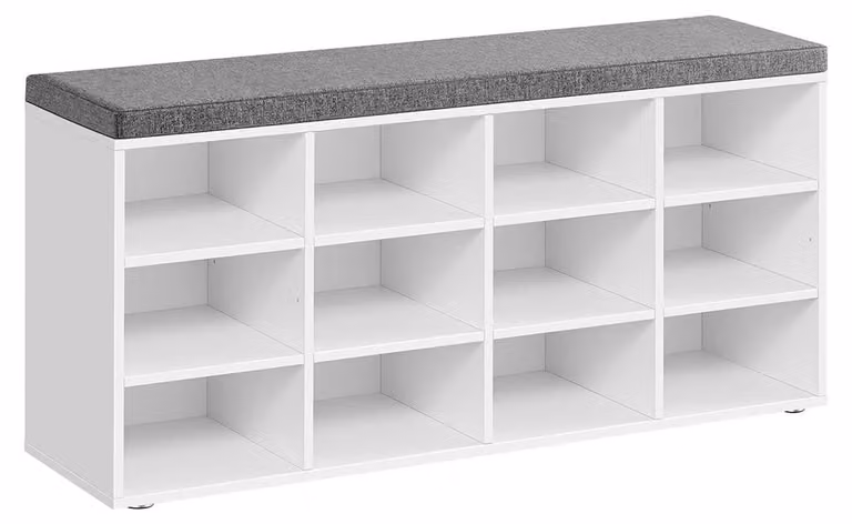 Panca porta-scarpe con seduta e spazio contenitivo, 12 scomparti, colore bianco classico, dimensioni 104x30,3x48 cm