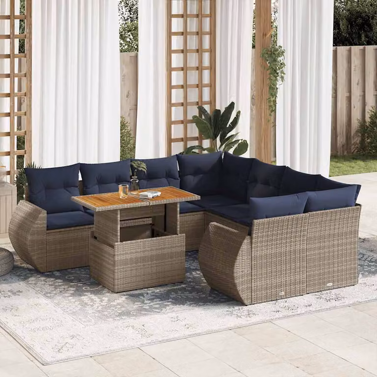 Set Divano da Giardino vidaXL 9 pz in Polyrattan e Legno di Acacia con Cuscini Grigio e Blu
