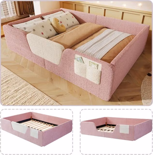 Letto imbottito per bambini 140x190 cm in velluto rosa; senza materasso; con sponde removibili