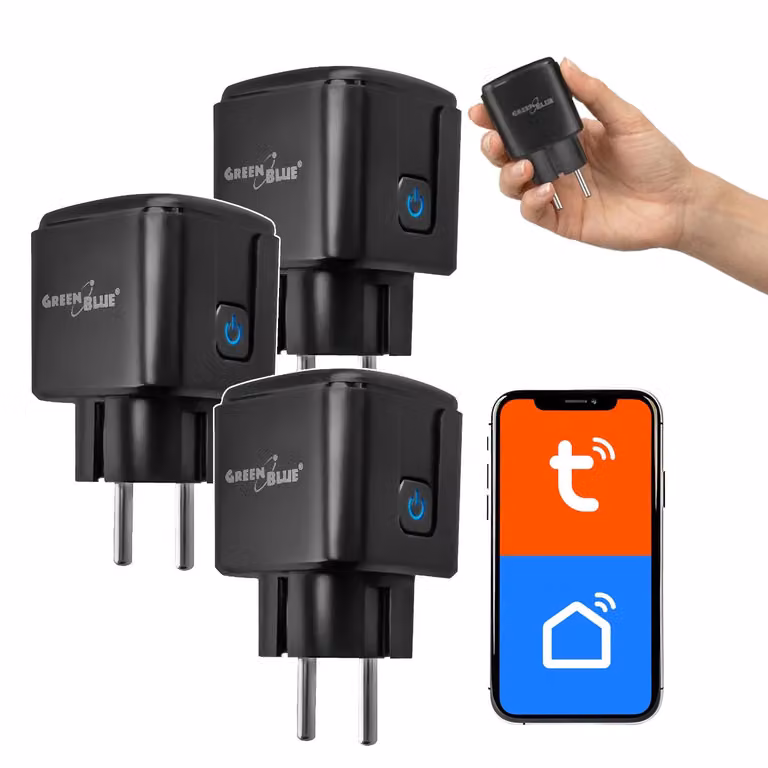 Prese Wi-Fi intelligenti controllabili da remoto, marca GreenBlue, compatibili con Android/iOS/Alexa/Google Home. Dotate di timer e misuratore di potenza. Massima potenza: 16 A / 3840 W. Modello: GB735. Confezione da 3 pezzi