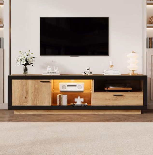 Mobile TV moderno MODFU con illuminazione LED RGB, nero e effetto quercia, in legno e vetro temperato, L: 160 cm, P: 40 cm, H: 50 cm