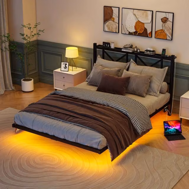 Letto a baldacchino moderno KOMHTOM in metallo nero con illuminazione sottostante, porta USB e mensola integrata, L/P/H: 140 x 200 cm – 1