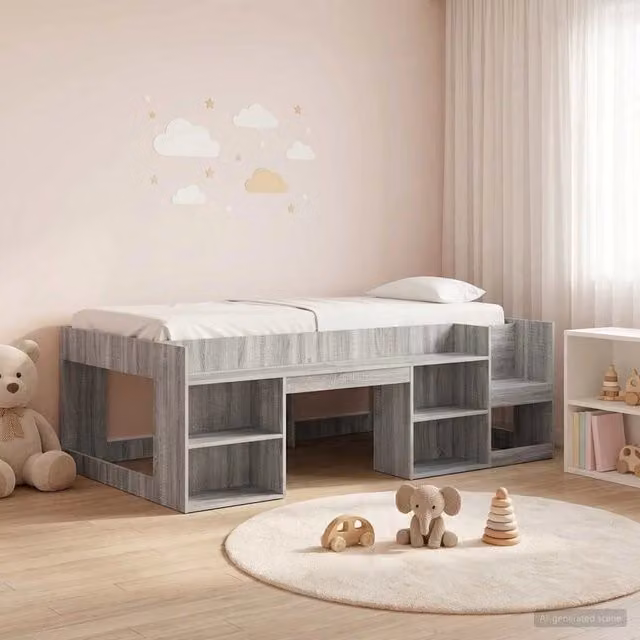 Letto singolo rialzato per bambini vidaXL con ripostiglio laterale in legno ingegnerizzato grigio L: 200 cm, P: 80 cm, H: 105,5 cm – 1