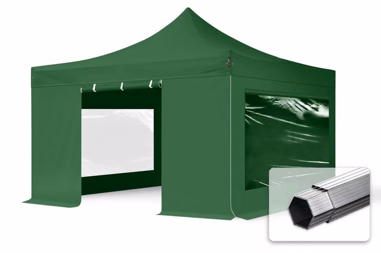TOOLPORT 4x4m gazebo pieghevole PES con laterali (finestre panoramiche), PROFESSIONAL alluminio, verde scuro