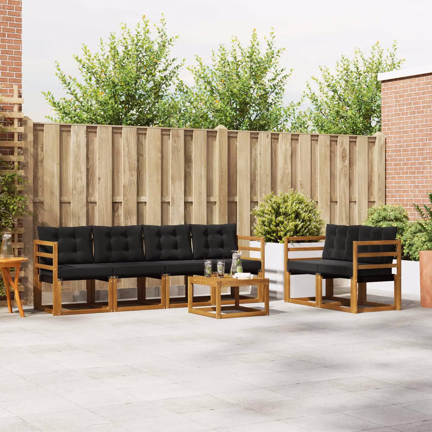 Set di divani da esterno vidaXL 7 pz in legno di acacia e textilene, colore marrone e nero, con cuscini e tavolino da giardino