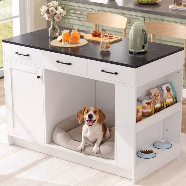 Isola cucina con tre cassetti 120 x 60 x 90 cm in MDF bianco con vano cuccia e ripiani