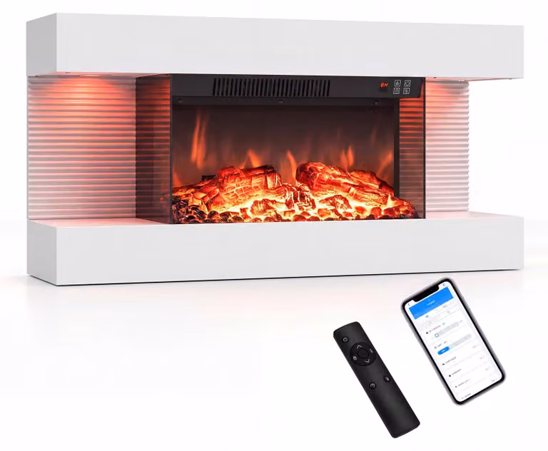 COSTWAY, caminetto elettrico da 32 pollici, a 3 lati, caminetto decorativo con riscaldamento da 750W/1500W, caminetto da parete con luci LED laterali, effetto fiamma 3D, 12 colori di fiamma e timer