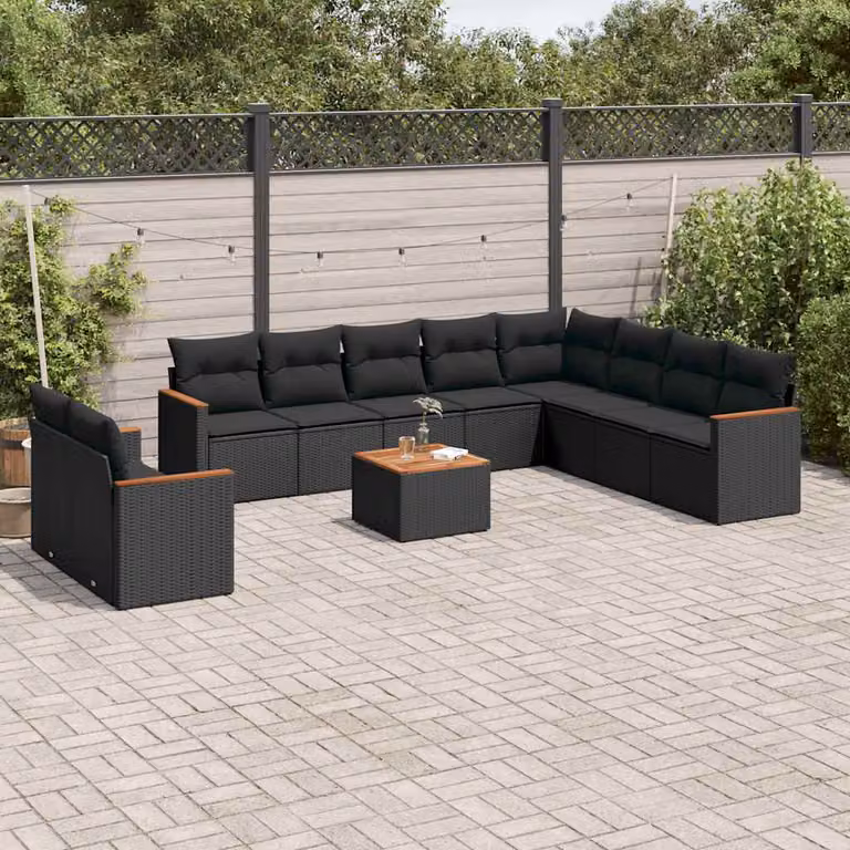 vidaXL Set Divani da Giardino 11 pz in Polyrattan Nero con Cuscini e Tavolino da Caffè