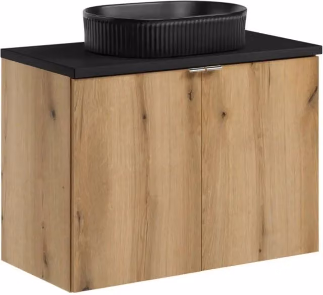 Set VANO in finitura rovere e nero 80cm: mobile sottolavabo con ante + piano per lavabo + lavabo da appoggio nero scanalato