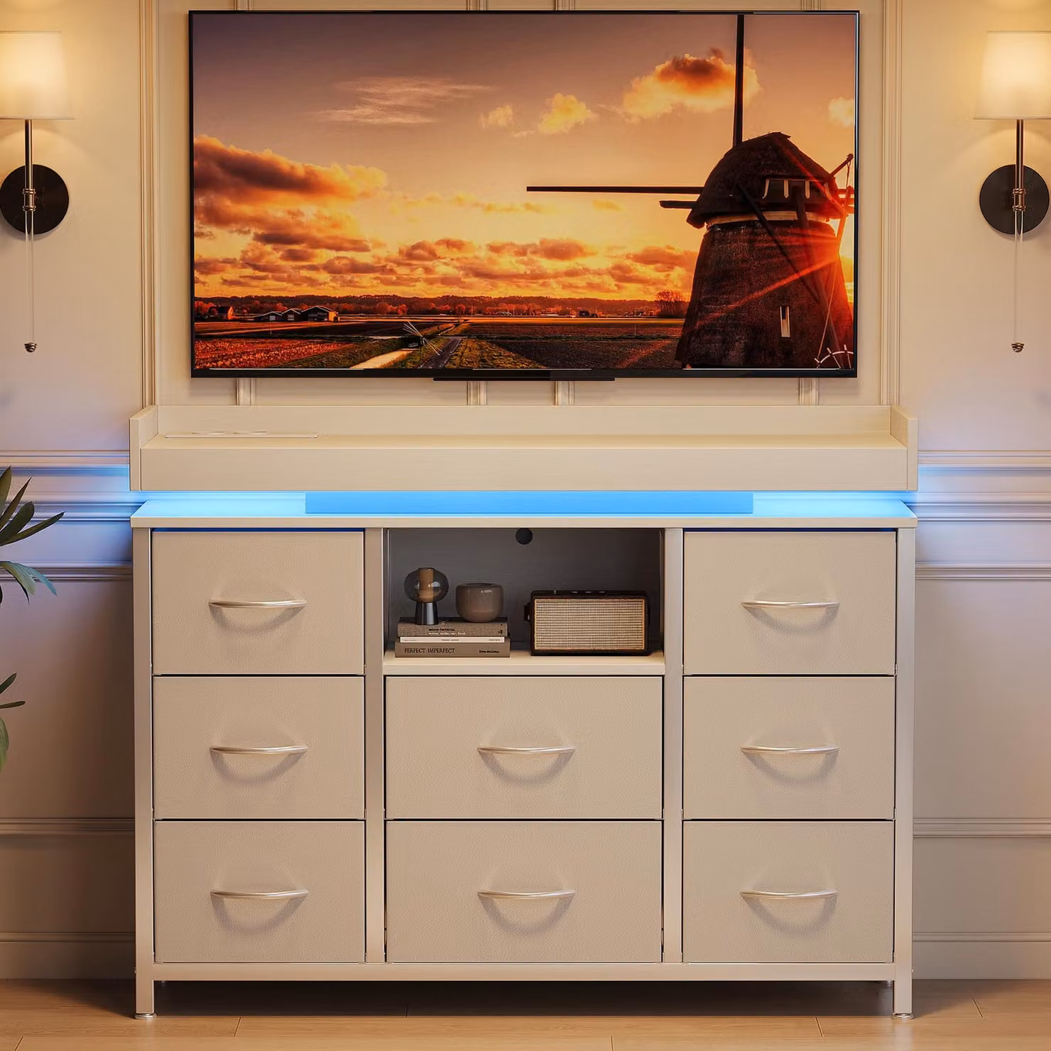 ProximaX Comò bianco con 8 cassetti, stazione di ricarica e illuminazione a LED RGB, cassetti rivestiti in tessuto, sistema antiribaltamento, robusto telaio in acciaio, mobile TV per soggiorno e camera da letto, 108x30x82 cm
