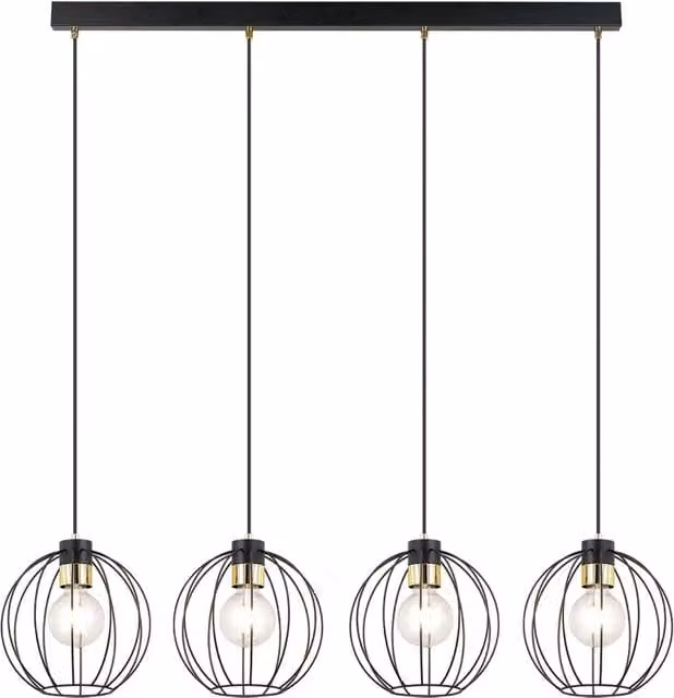 Lampada a sospensione industriale Tiwaz Luceart-Classic con 4 luci a gabbia in metallo nero e oro con altezza regolabile