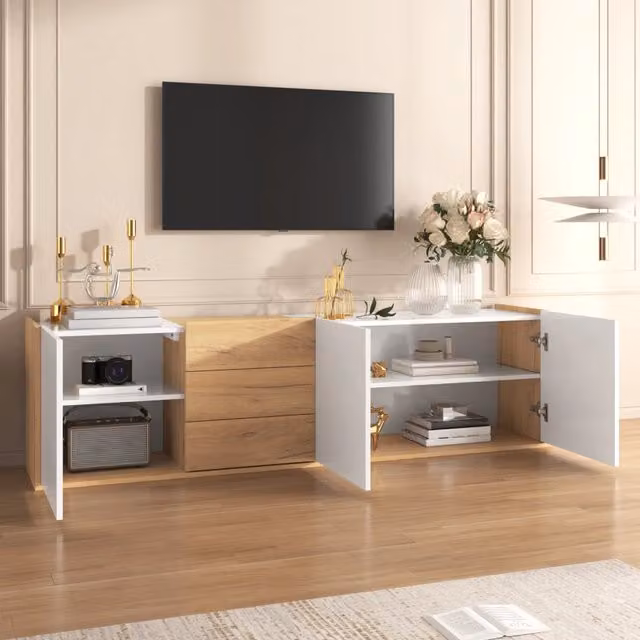 Mobile TV Mivray moderno in MDF bianco e effetto legno con 3 ante e 3 cassetti, L: 171.5 cm, P: 35 cm, H: 47 cm