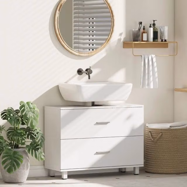 Mobile sottolavabo moderno per bagno in legno bianco con 2 cassetti e ritagli a U L: 80 cm, P: 30 cm, H: 60 cm – 1