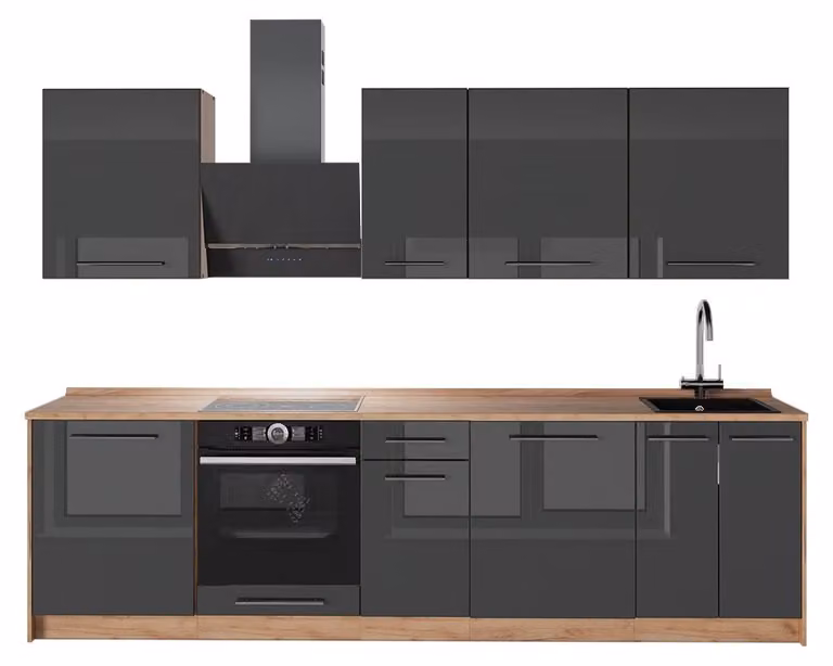Cucina componibile Vicco Fame-Line Antracite lucido/Rovere dorato 280 cm senza piano di lavoro, Model 64191