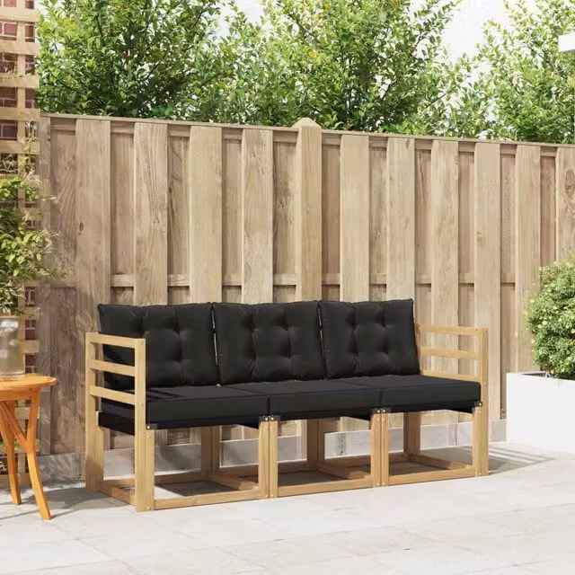 Set di divani da esterno 3 posti vidaXL in legno di acacia e textilene con cuscini Bianco e Nero