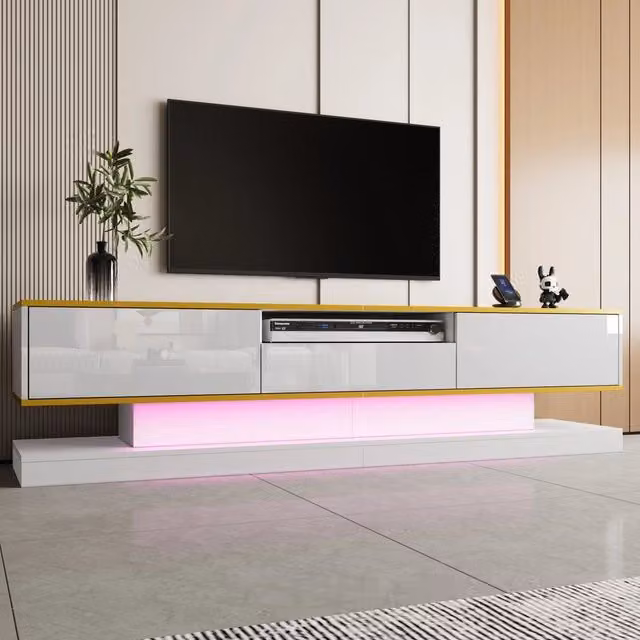 Mobile TV con 3 cassetti e ripiano aperto ¨C Minimal ¨C Bianco lucido con luci LED, 180x38x45 cm
