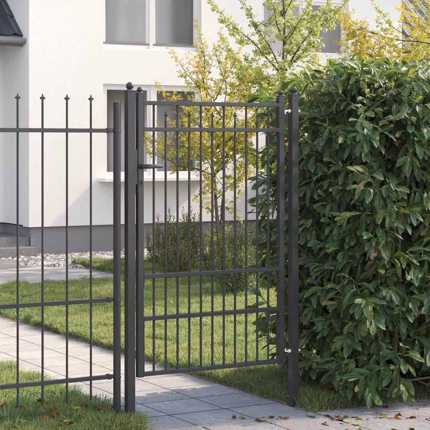 Cancello singolo per recinzione vidaXL BAARLO in metallo, disponibile in nero o antracite, L: 200 cm, H: 150 cm, P: 104 cm
