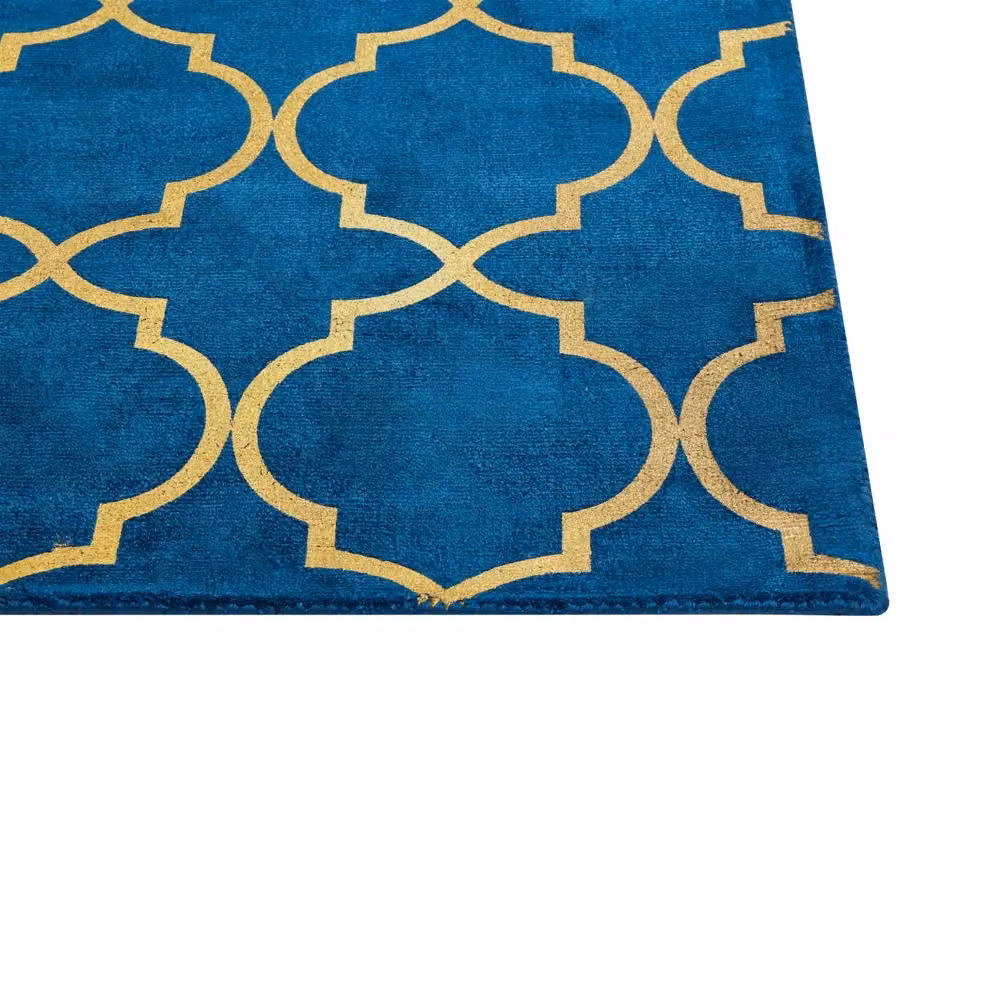 Tappeto Beliani Blu e Oro con Motivo Geometrico in Viscosa e Cotone Stile Glamour L: 140 cm x P: 200 cm – 2