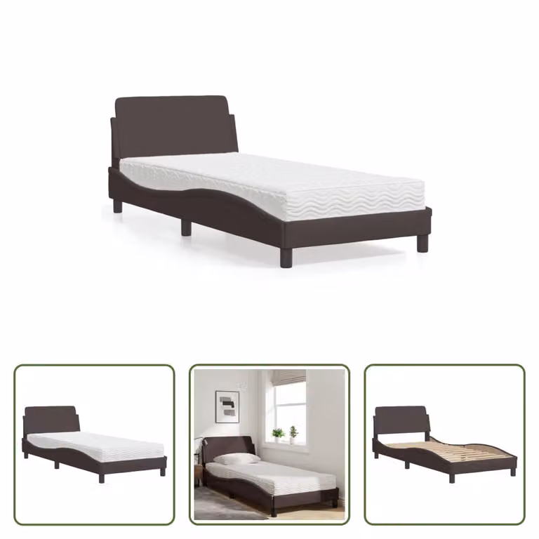 The Living Store Letto con materasso in tessuto marrone scuro 90x190 cm
