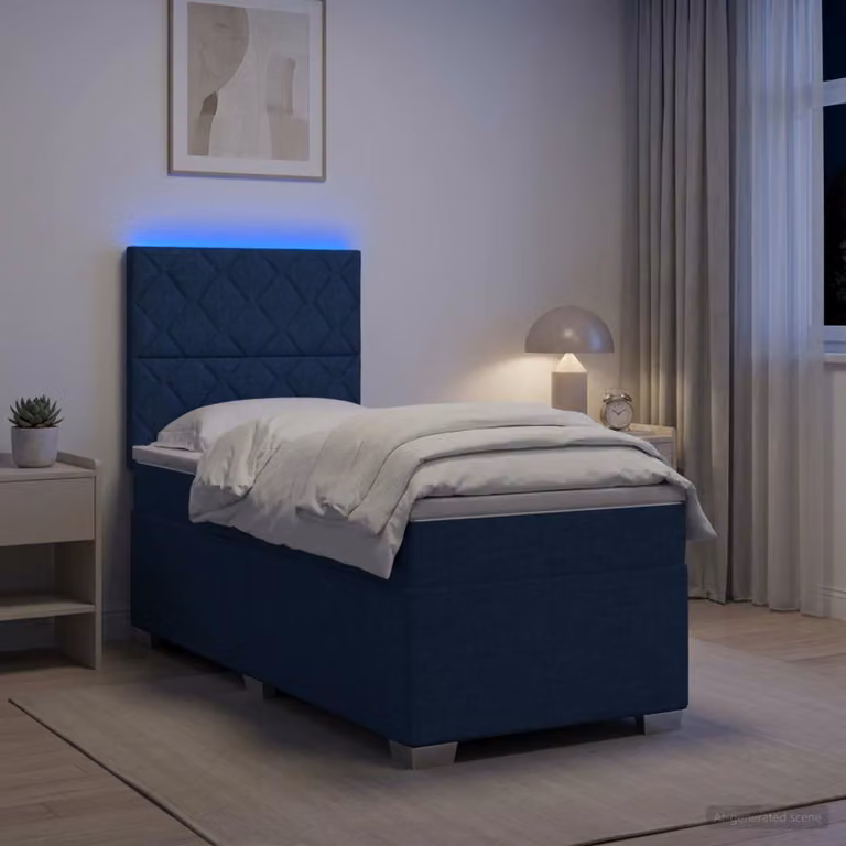 Letto box spring vidaXL con materasso a molle pocket e illuminazione sottostante, Blu e Multicolore, L: 190 cm, P: 90 cm