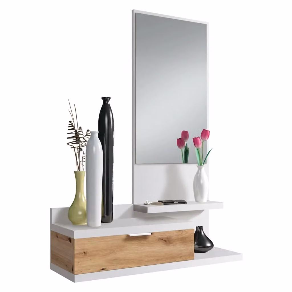 Mobile da ingresso Adina DMORA con specchio e cassetto, Bianco e Rovere nodi, L: 81 cm, P: 29 cm, H: 116 cm – 2