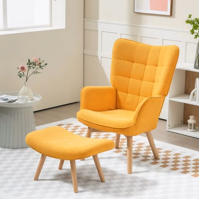 Poltrona con pouf REDOM arancione con struttura in metallo e legno di faggio L/P/H: 72 x 80 x 101 cm