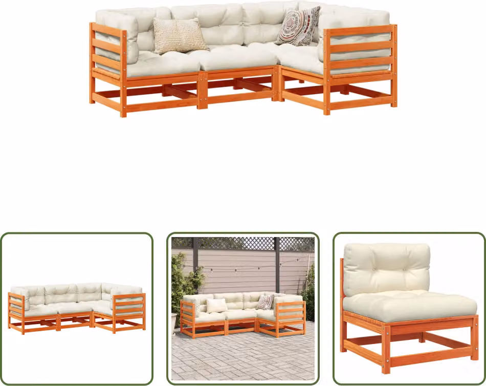 The Living Store Set di divani da giardino 4 pezzi con cuscini Wax in legno di pino marrone
