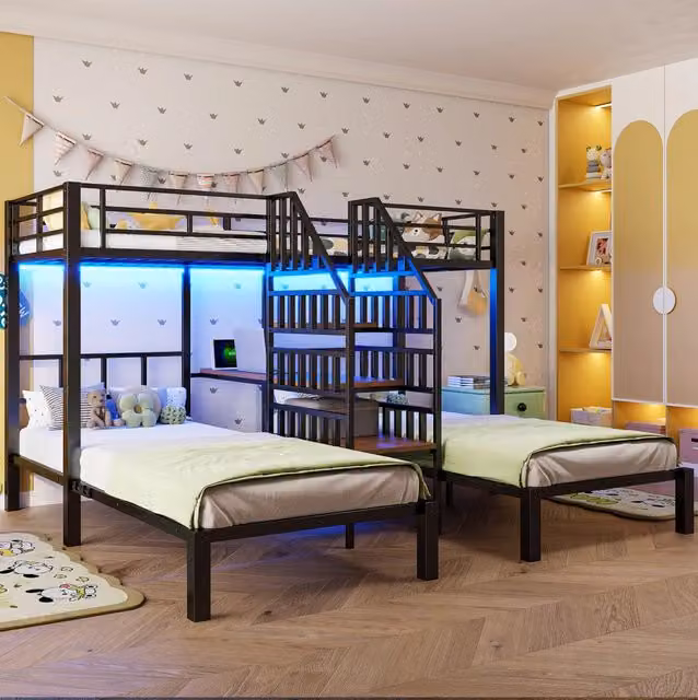 Letto a castello 90x200 cm con LED; scala con vani e scrivania in metallo