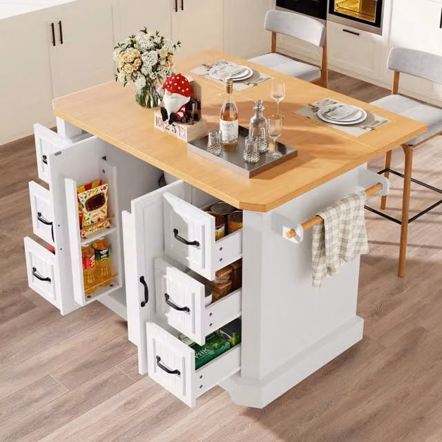 Carrello da cucina con 2 ante 6 cassetti e 5 ruote con freno in MDF e metallo bianco per cucina 120 × 45 × 91 cm