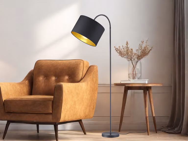 Lampada da terra a LED con braccio flessibile, paralume moderno TEXTILE Ø35cm in nero/oro