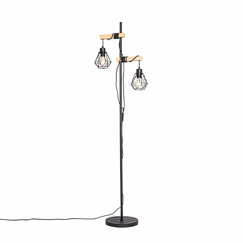 Lampada da terra nera con elementi in legno, 2 luci, modello Chon