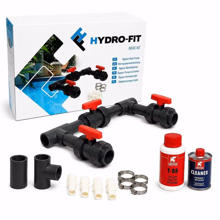 Kit di bypass COIL per pompe di calore per piscine, set base universale in PVC da 50 mm con 3 valvole a sfera, colla Griffon e detergente – Da montare autonomamente