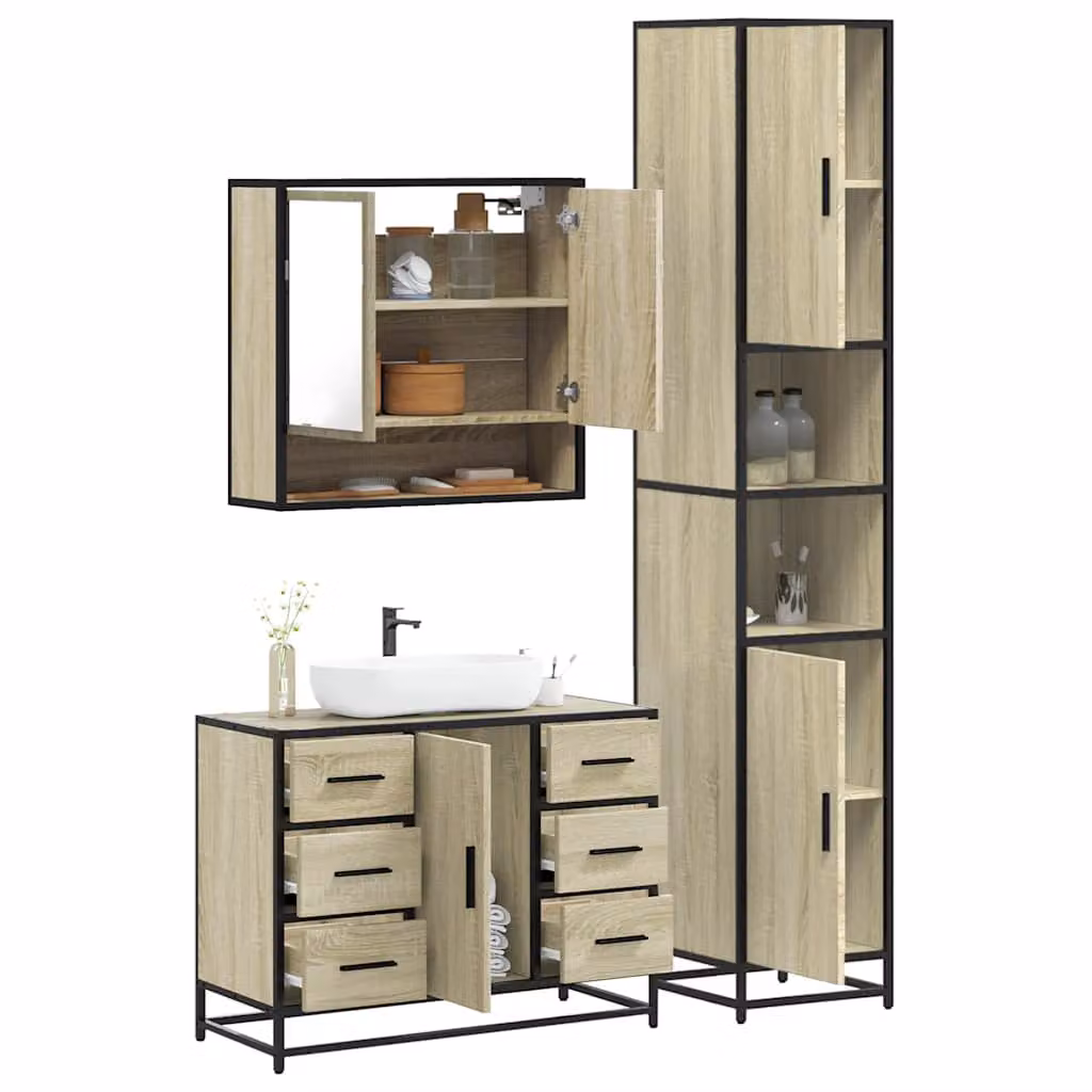 Set di mobili da bagno industrial vidaXL in legno e metallo marrone composto da armadietto con specchio, mobile lavabo e colonna alta con illuminazione LED