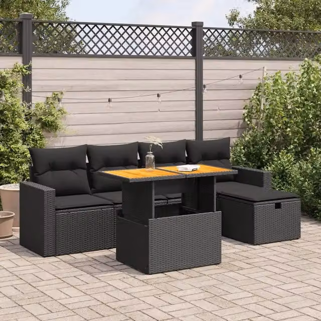 Set Divano da Giardino 6 pz con Cuscini Nero Polyrattan Acacia 3327993