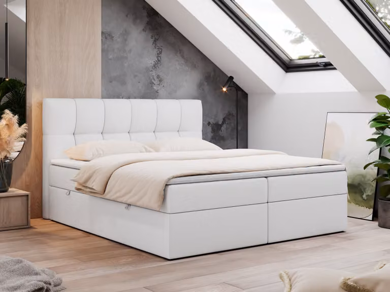 Letto boxspring 120x200 con contenitore, letto con molle insacchettate - Materasso H4 Topper, letto imbottito 120x200 con contenitore e testiera, letto boxspring con materasso H4 - RICO - 120x200 - Bianco - Ecopelle - H4