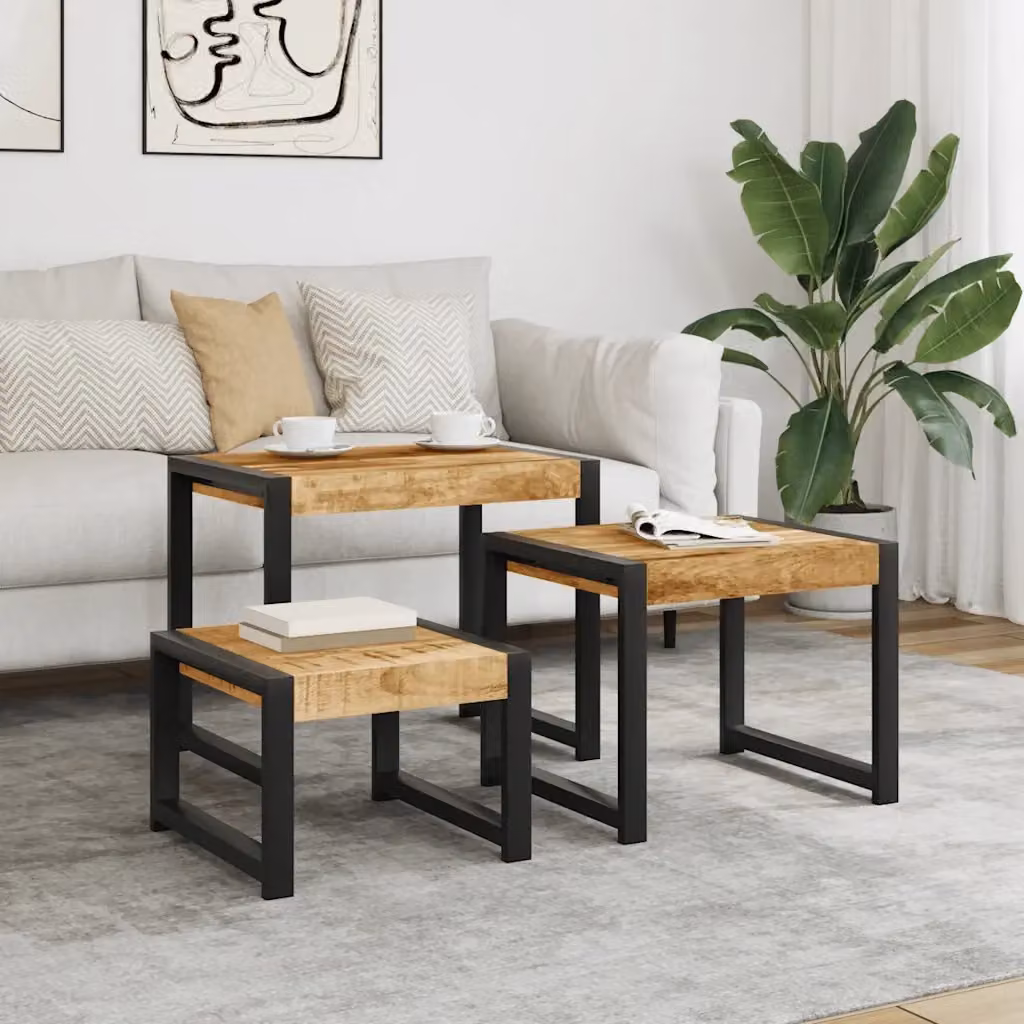Set di 3 tavolini impilabili in legno di mango con finitura live edge e dettagli oro per il tuo soggiorno – 2