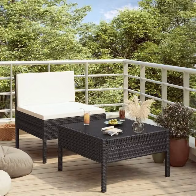 Set da giardino moderno vidaXL composto da divano a 2 posti e tavolino con cuscini bianchi e struttura in metallo nero