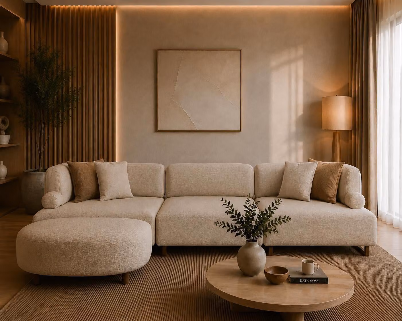 Divano modulare beige, a 3 posti, dal design moderno e dal comfort versatile