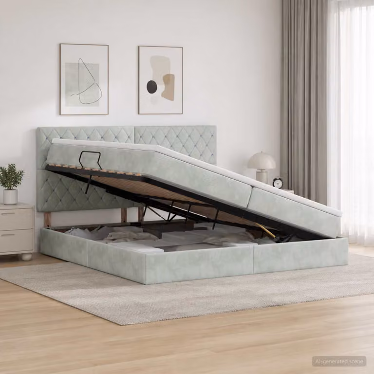 Letto con contenitore e materasso vidaXL Grigio, moderno, con base a sollevamento, illuminazione sottostante e porta di ricarica USB, L/P/H: 200 x 200 x 140 cm